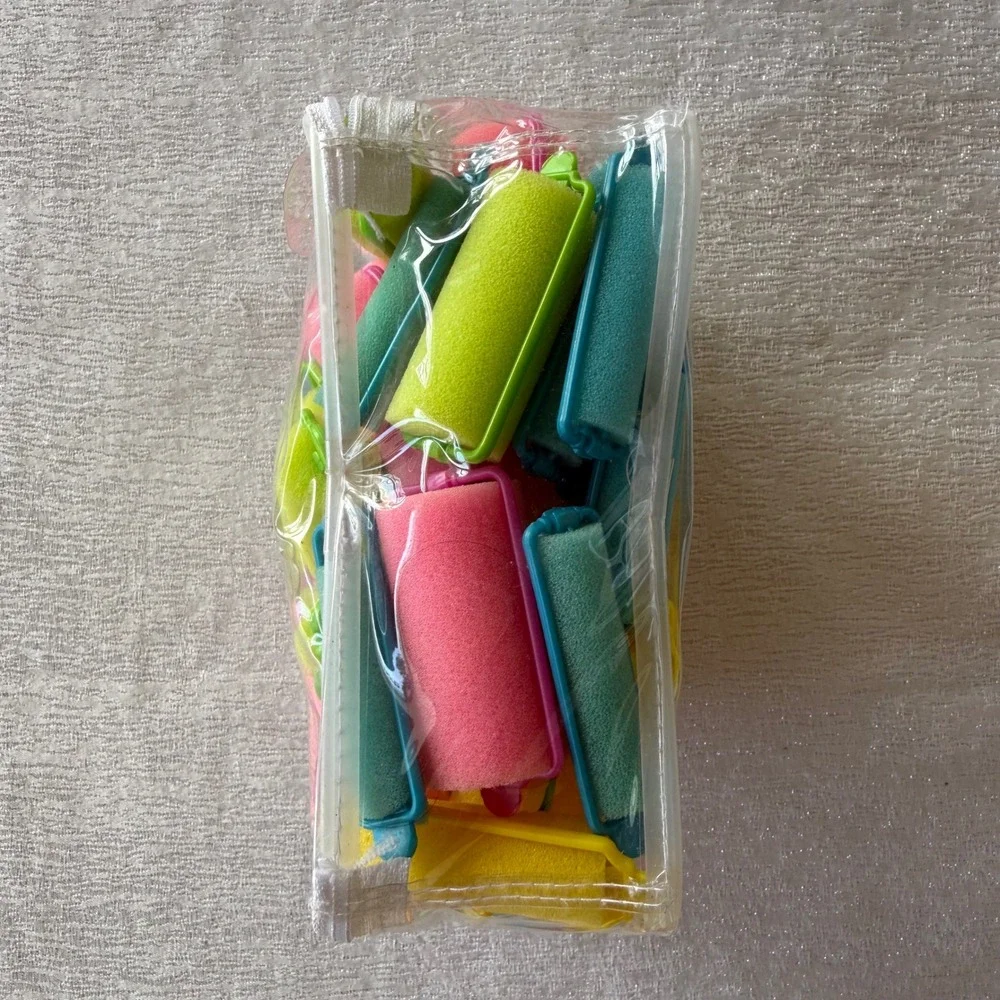 48pc Foam Sponge Hair Roller Set Pink Green Yellow Blue Curlers w/ Storage Bag